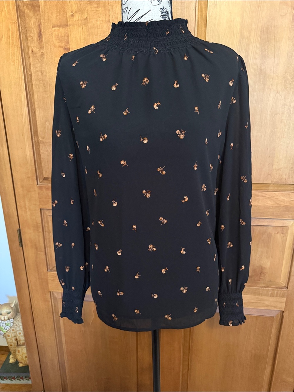 Madewell Black Long-Sleeve Smocked Neck Blouse with Copper Floral Dots